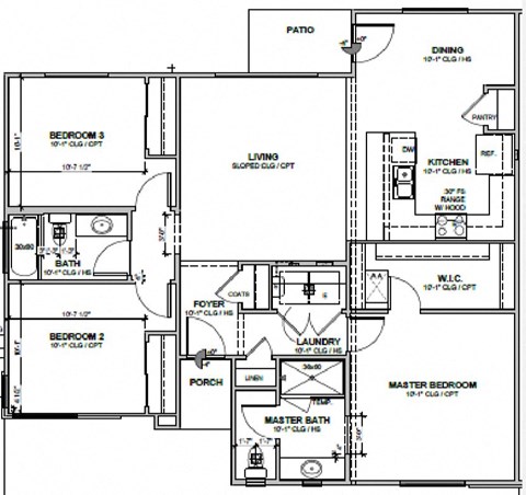Floor plan for 3 beds, 2 baths, 1233 sqft